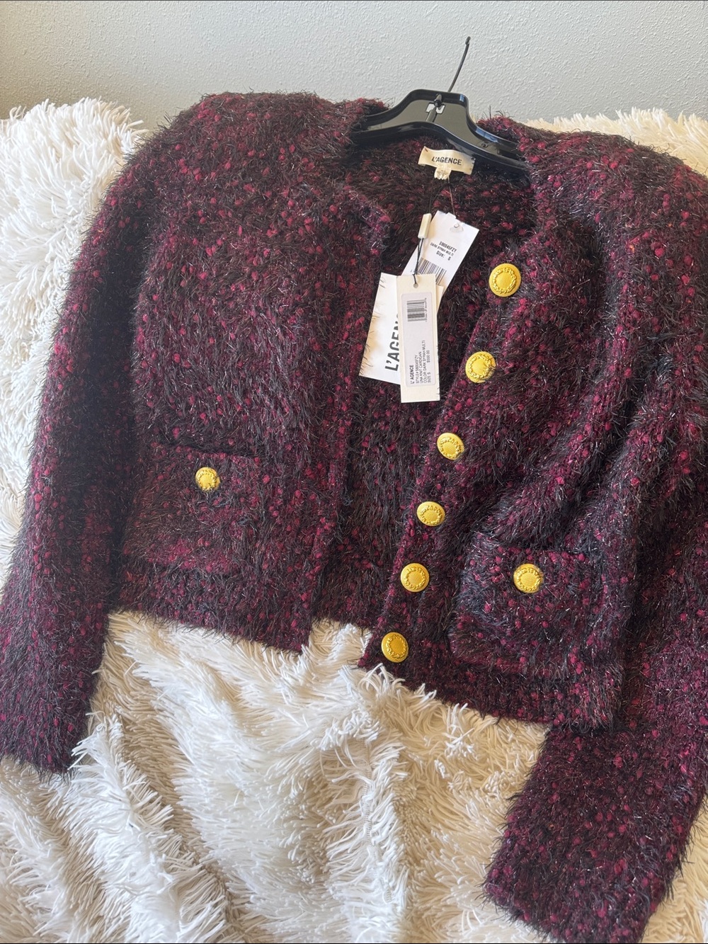 L'AGENCE Burgundy Tweed Cropped Button Jacket with Gold Buttons